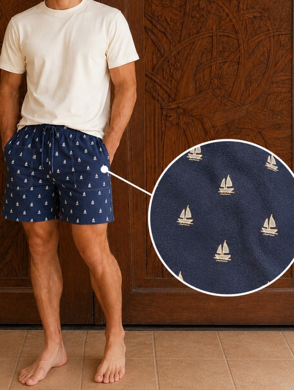 Vintage Y2K Sailboat Print Linen-Feel Cotton Shorts Nautical Blue Drawstring L